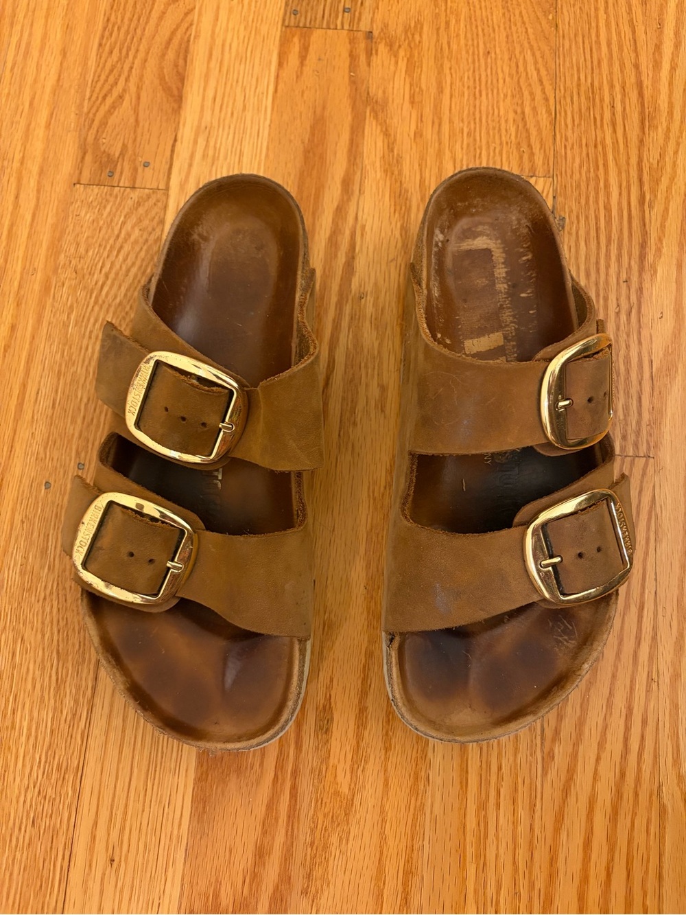 Birkenstock Brown Suede Double Buckle Sandals with Gold Buckles